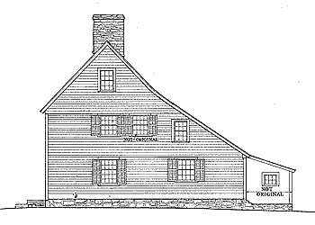 Drawing of a salt-box house (Comfort Starr House located in Guilford, CT) illustrating the distinctive roof line