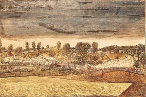 The engagement at the North Bridge in Concord, April 19, 1775. Engraved by Amos Doolittle, 1775.